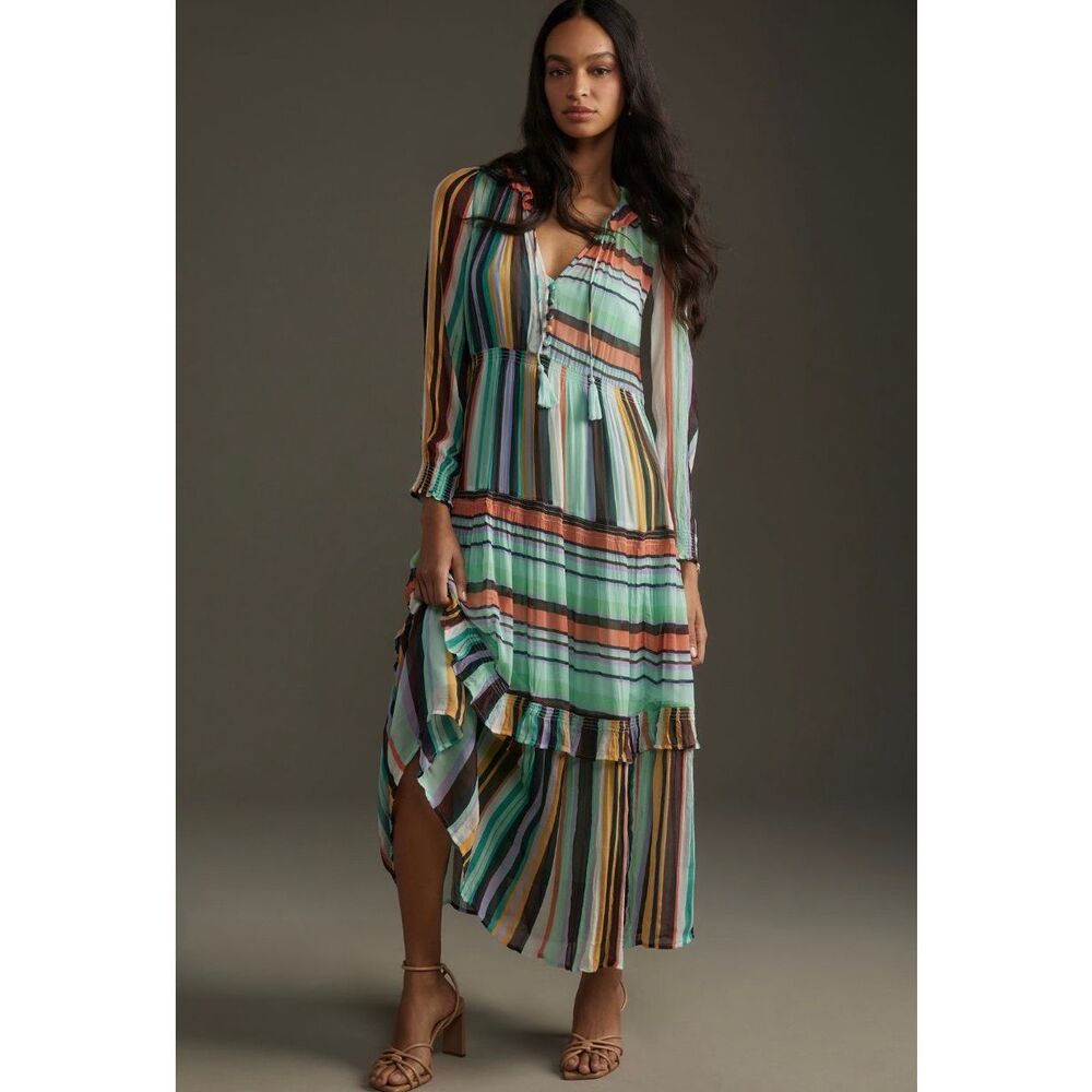 Anthropologie Sz M The Marais Printed Chiffon Maxi Dress Geometric Boho Long Sle